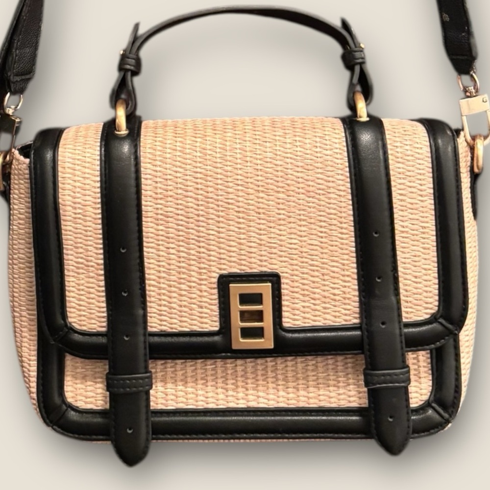 Woven Straw & Black Trim Satchel / Crossbody (Top Handle)